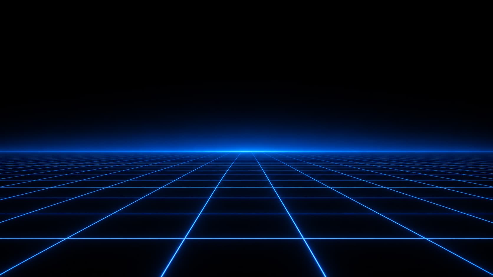 A glowing blue grid running to a bright horizon
