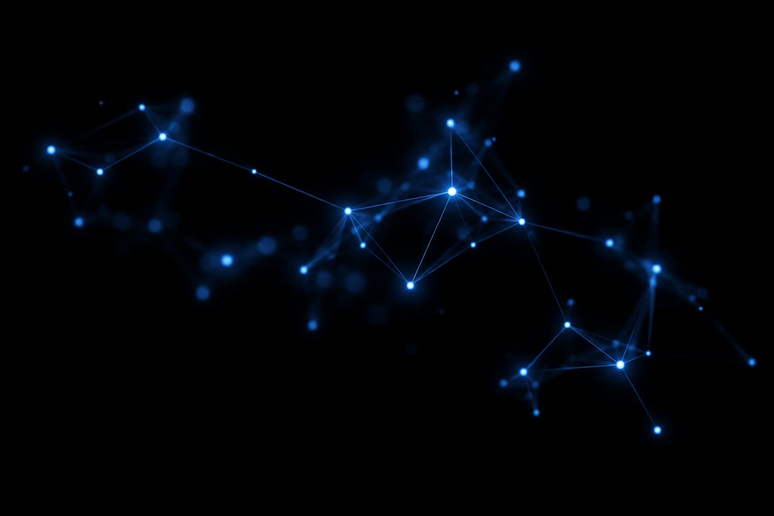 A constellation of glowing blue nodes joined by thin lines into one open network