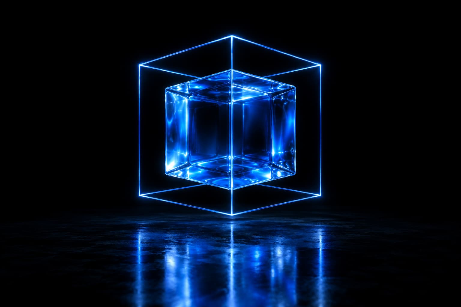 A translucent blue glass cube contained inside a thin glowing wireframe cube